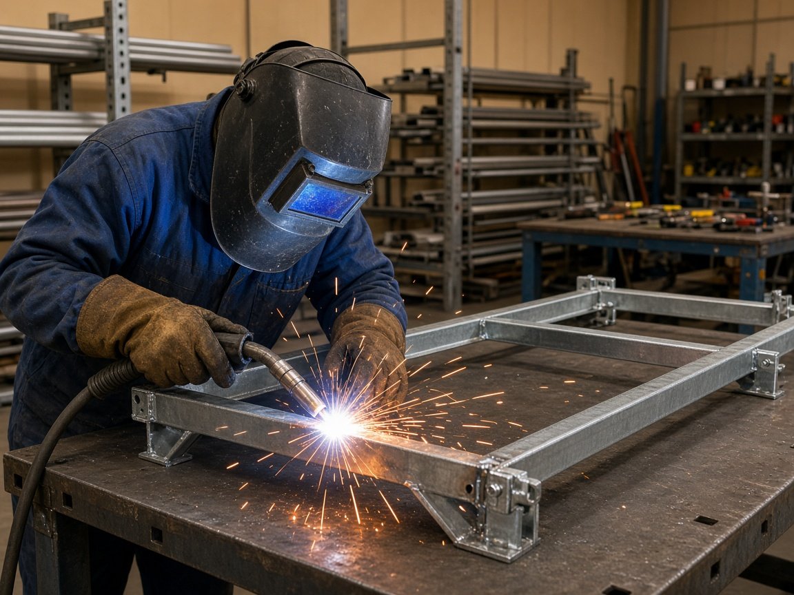 Welder fabricating a steel solar mounting frame