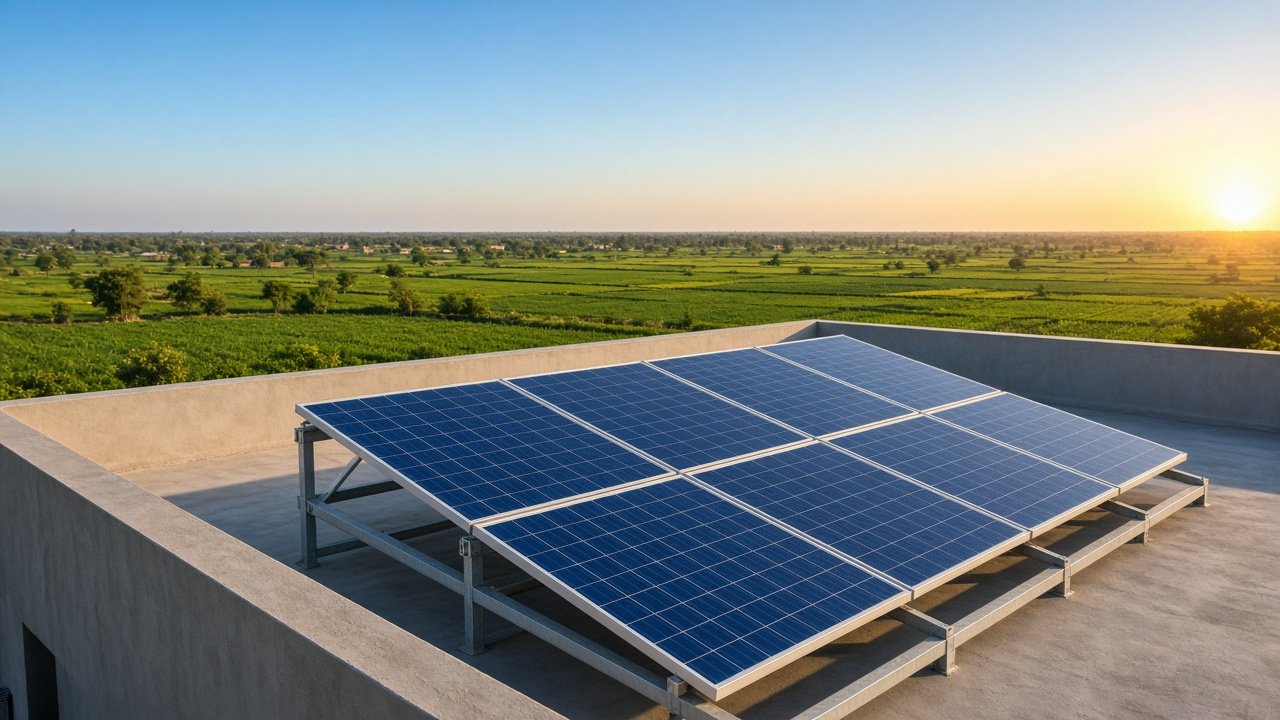 Rooftop solar panels on a steel structure over farmland at sunset