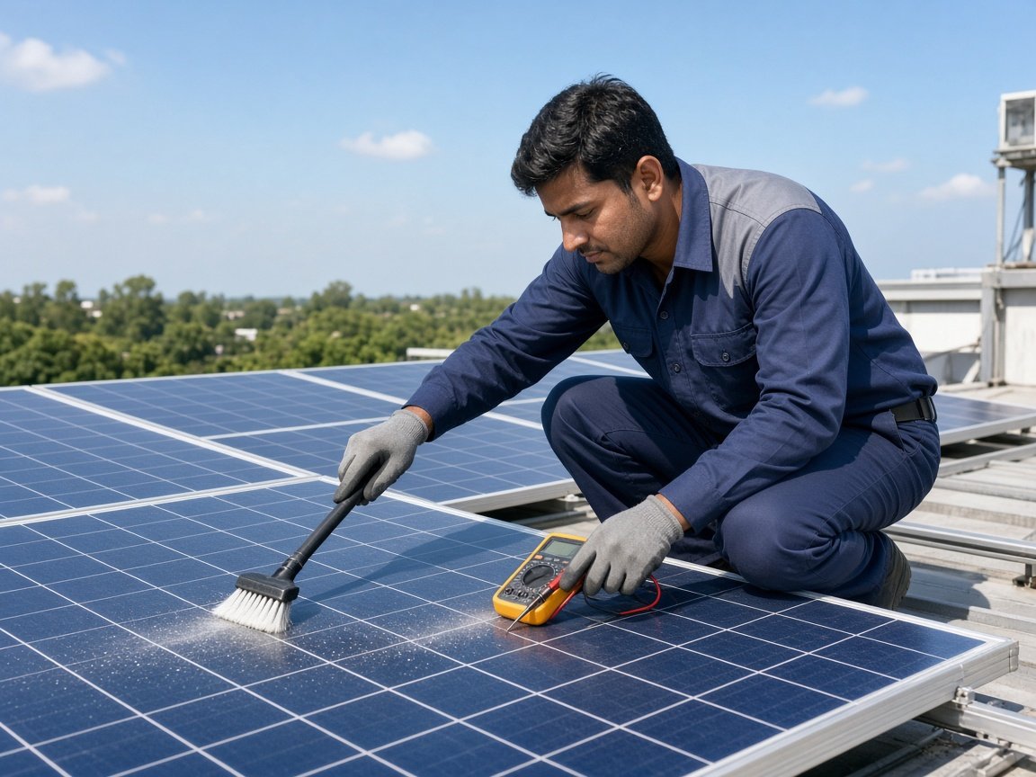 Technician cleaning solar panels