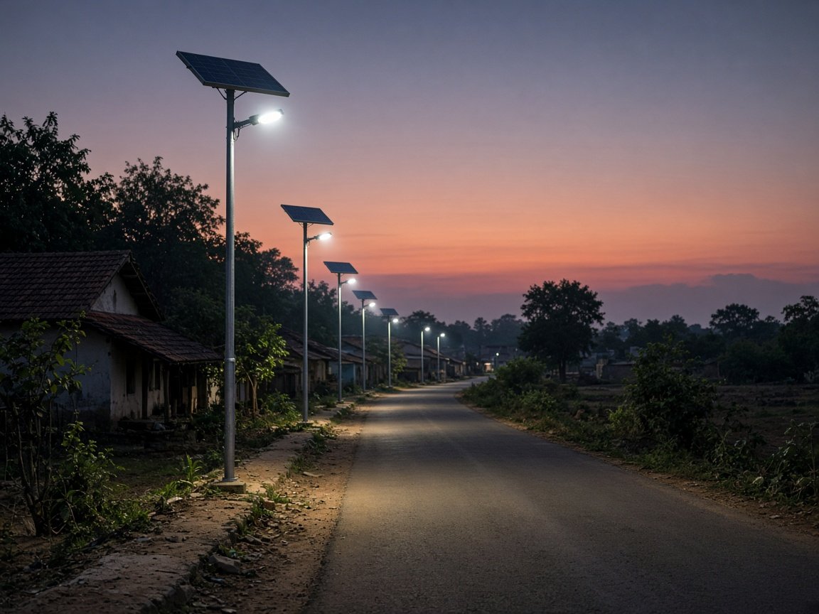 Solar street lights on a village road